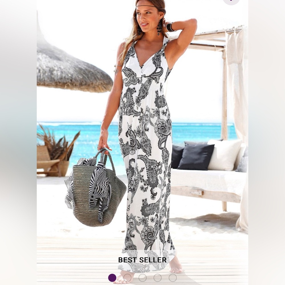 Elegant Black and White Maxi Dress cross over neck line smocked waist band NWT